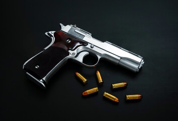 Close-Up handgun with golden sharp bullets on a black surface.