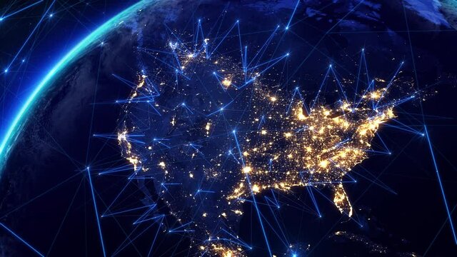Animation of Earth and United States Map with Bright Connections and City Lights. Blue Lines and Nodes Representing Satellite, Mobile and Technological Signals. 