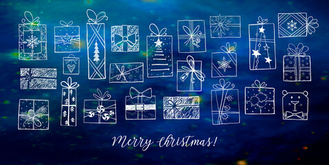 Collection of christmas doodle gift boxes on  night sky background