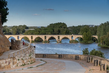 Naklejka premium Medieval bridge crossing the river Duero, Zamora, Castille and Leon, Spain. For centuries it was the only way for pilgrims to cross the river on their way to Compostela (Old St. James Way)