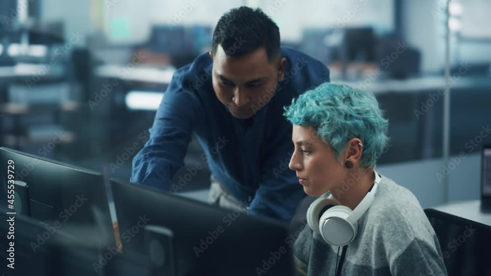 Poster teamwork in diverse office: project supervisor talks with creative marketing manager, they discuss d