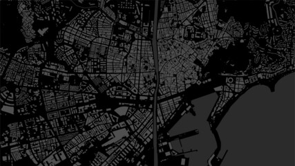 Dark black Malaga City area vector background map, streets and water cartography illustration.