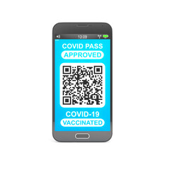 3d rendering of a fictitious smartphone, with a qr pass code of the covid-19 vaccine