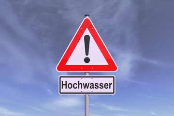 3d Illustration - Verkehrsschild - Achtung - Hochwasser - Himmel - Wolken