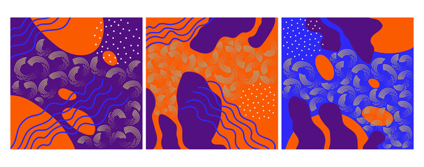 Set of colorful textures for decoration and printing. Set of patterns with pastel spots and lines. Doodle illustrations. Set of posters. Abstract art, contemporary art.