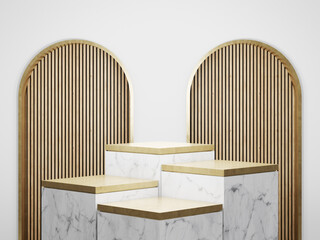 Cube step white marble podium and a metallic gold top with wood feature wall background in luxury studio scene. Modern showroom interior 3d rendering image for product display.