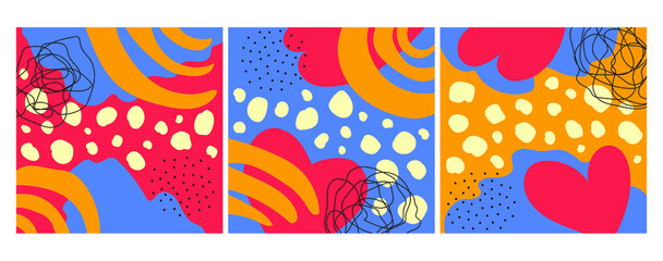 Obraz premium Set of colorful textures for decoration and printing. Set of patterns with pastel spots and lines. Doodle illustrations. Set of posters. Abstract art, contemporary art.