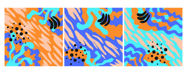 Set of colorful textures for decoration and printing. Set of patterns with pastel spots and lines. Doodle illustrations. Set of posters. Abstract art, contemporary art.