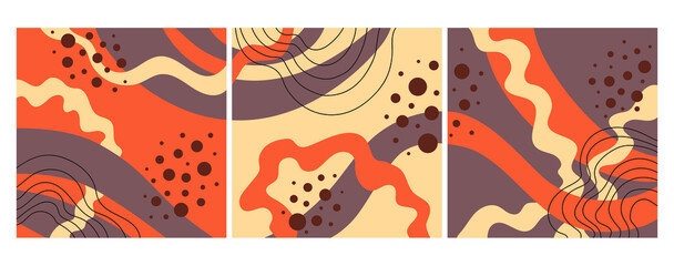 Set of colorful textures for decoration and printing. Set of patterns with spots and lines. Doodle illustrations. Set of posters. Abstract art, contemporary art.