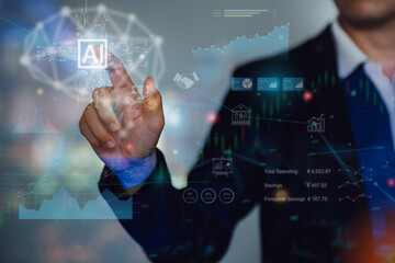 Hand of businessman interaction with artificial intelligence to invest bitcoin price digital chart exchange. Concept of cryptocurrency future money and nft of blockchain with ai technology.