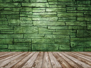 Old green stone brick wall interior background.