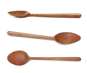 Wooden spoons on white background, collage. Cooking utensil