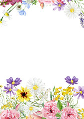 Beautiful watercolor wildflower frame. Wild floral border for wedding invite, greeting card, baby shower, bridal shower.