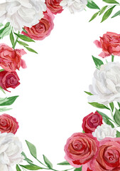 Hand drawn frames with watercolor red rose and peonies, green twigs, foliage, branches, leaves. Design border with wedding card, bridal shower, baby shower. - 455541336
