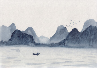 Watercolor painting with mountains, river, fisherman boat and birds. Asian serene landscape Illustration. Oriental drawing with layers of rocks. Concept for restore meditation background, card, print.