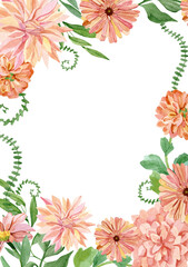 Watercolor peach floral frame design witn hand drawn meadow wildflower, chrysanthemum, greenery twigs, foliage, leaves. Wedding invintation, bridal shower, baby shower. - 455541352