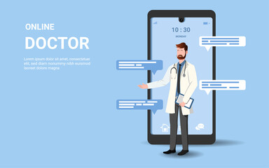 Online tele doctor on mobile app with male doctor on chat in messenger and an online consultation. tele medicine, Online healthcare and medical consultation, Digital health concept. 3D vector