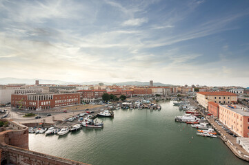 Fototapeta na wymiar Livorno: The dock seen from the top of the Fortezza Vecchia (Old Fortress)..