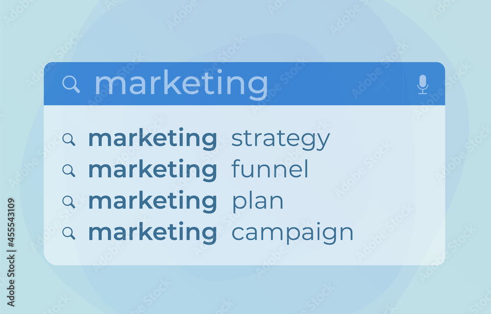 Poster marketing autocomplete search web suggestions modern vector concept. website searching bar with mark