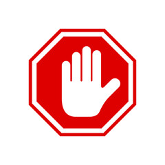 Obraz premium Red stop roadsign with simple hand symbol icon. No symbol isolated on white. Vector illustration