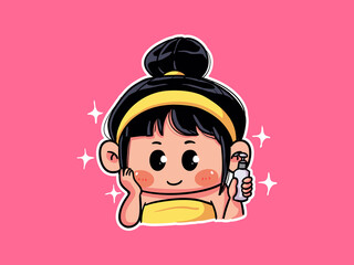 Cute and kawaii Girl Apply Beauty Lotion for Skincare Routine manga chibi Illustration