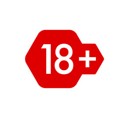 Eighteen plus years sticker, badge, hexagonal red label. Vector illustration