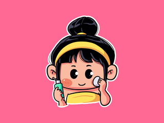 Cute and kawaii Girl Wipe face with cotton pad for Skincare Routine manga chibi Illustration