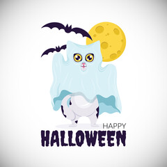 Halloween card with funny cartoon ghost cat