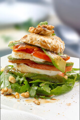 Hamburguesa con mozzarella fundida, tomate y verduras. Burger with melted mozzarella, tomato and vegetables.