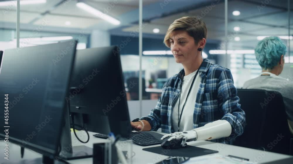 Poster diverse body positive office: portrait of motivated woman with disability using prosthetic arm to wo