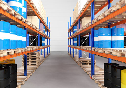 Warehouse with pallet racks. Storage of chemical products. Pallet racks with barrels. Logistics center. Chemical warehouse with shelves.