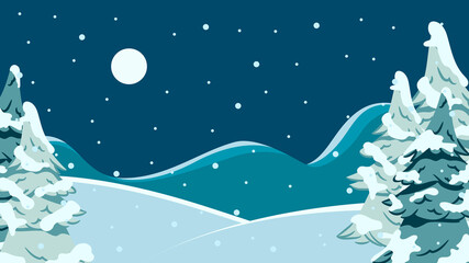 Fototapeta na wymiar Beautiful night winter landscape with pine trees and hills. Winter Christmas background. Vector illustration.