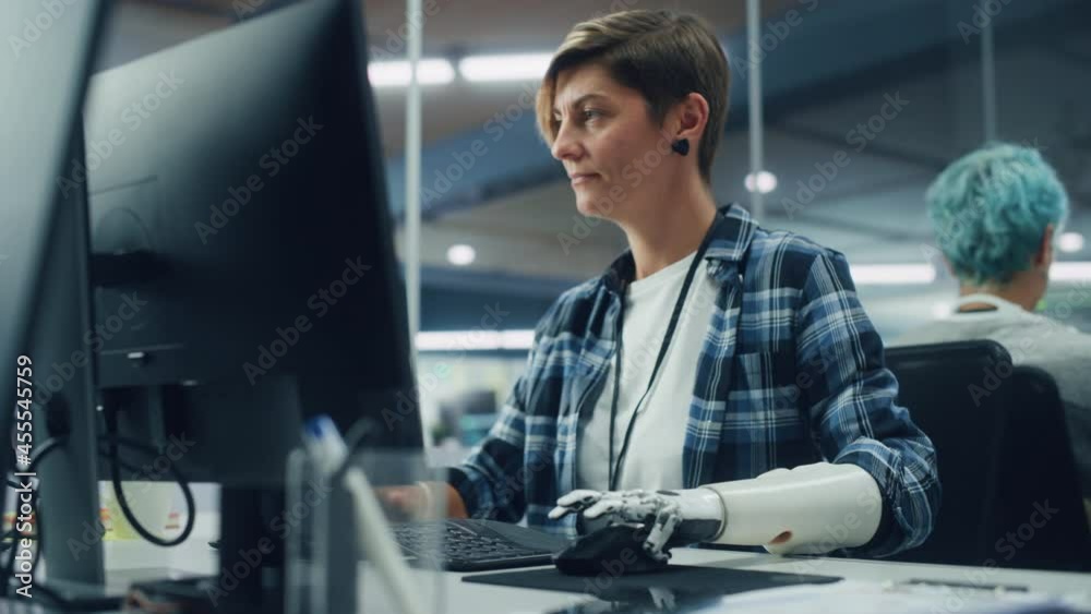 Poster diverse body positive office: portrait of motivated woman with disability using prosthetic arm to wo