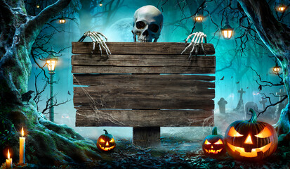 Halloween Party Card - Pumpkins And Skeleton In Graveyard At Night With Wooden Board 