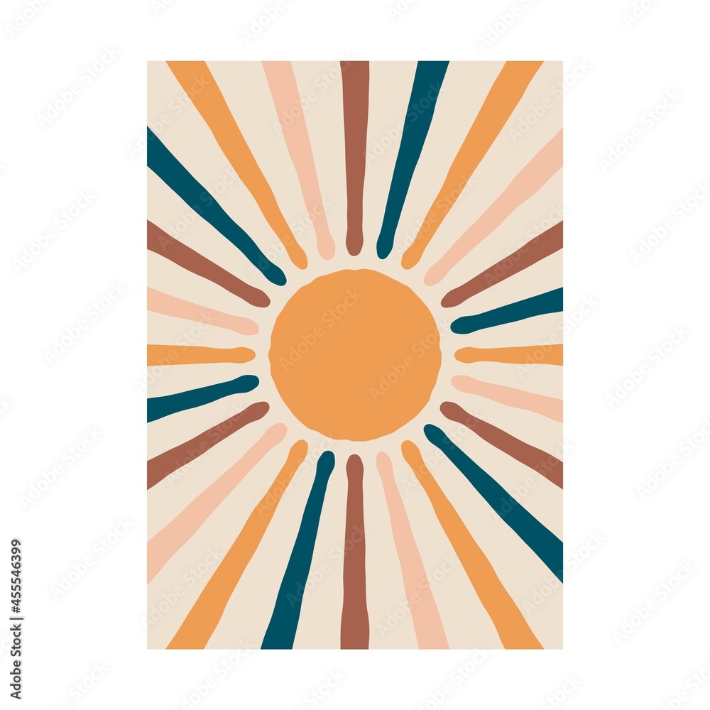 Wall mural abstract sun poster. boho contemporary background modern mid century style, geometric wall decor. ve