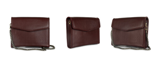 Set with stylish brown women's bags on white background. Banner design