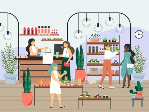 Cosmetics store. Happy women shopping for body skincare products, flat vector illustration. Beauty retail business.