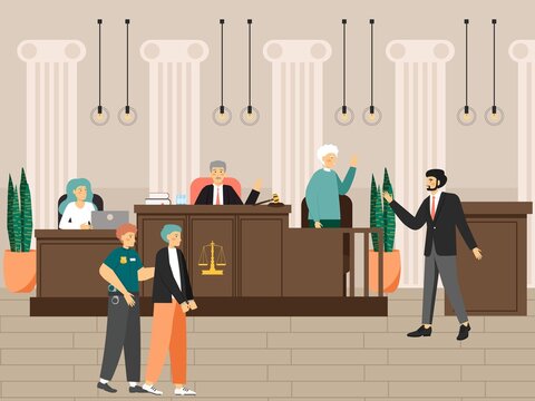 Court session in the courtroom, flat vector illustration. Judicial process. Law and justice. Legal trial scene.