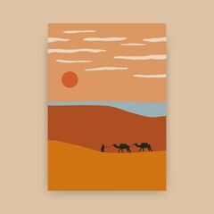 Desert landscape poster. Mid century art print sun nature scene, minimal contemporary wall decor. Vector illustration