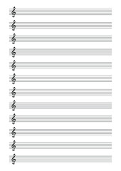Musical notation with lines and treble clef on a white background. Template for teaching and recording melodies, compositions. Vector.