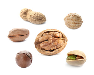 Set with different tasty nuts on white background