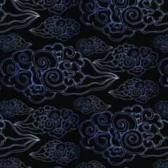 Hand drawn seamless pattern with blue and white clouds. Chinese, Korean, Japanese ornament. Traditional symbol. Vector illustration.