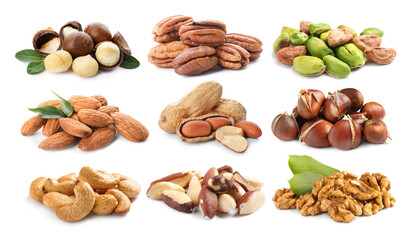 Set with different tasty nuts on white background