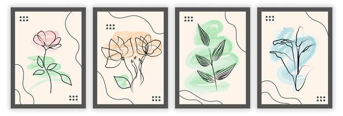Fototapeta na wymiar Abstract arts of flowers. Minimalistic collection with watercolor flower, leave and spots. Design elements for posters and wall decoration. Flat vector illustrations isolated on transparet background