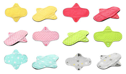 Set with different cloth menstrual pads on white background