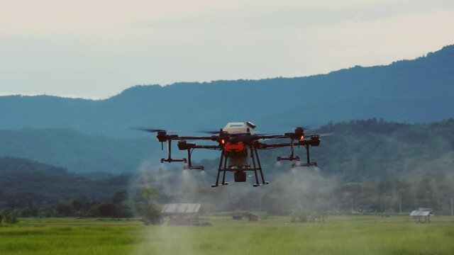 smart farming innovation, agriculture drone fly spraying fertilizer on green rice field in countryside of Thailand, agricultural industrial technology, slow motion