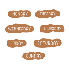 Handwritten days of the week monday, tuesday, wednesday, thursday, friday, saturday sunday. Modern colorful design for calendar, weekly plan, organizer. Vector illustration	