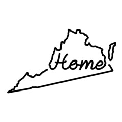 Virginia US state outline map with the handwritten HOME word. Continuous line drawing of patriotic home sign