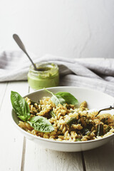 Fusilli pesto pasta with green beans.