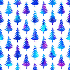 XMAS watercolour Fir Tree Seamless Pattern in Blue Color on white background. Hand-Painted Watercolor Spruce Pine tree wallpaper for Ornament, Wrapping or Christmas Decoration